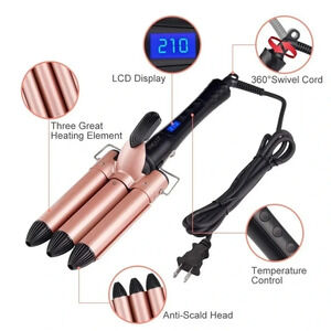 Emocci 3 Barrel Curling Iron Beach Waves Temperature Control LCD Display